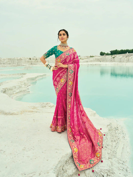Rani Pink Georgette Heavy Embroidered Bandhej Saree