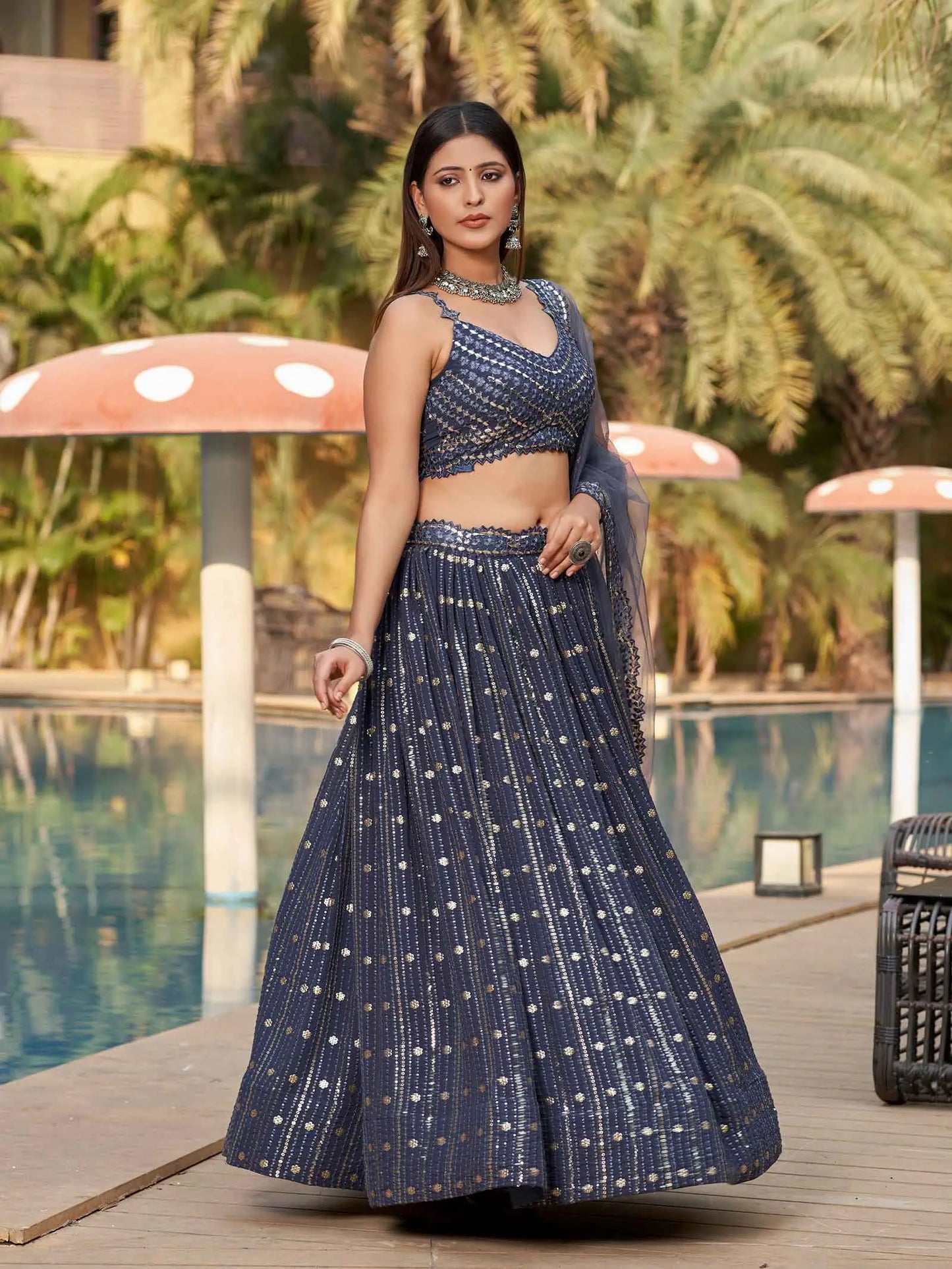 Grey Georgette Lehenga With Thread And Sequins With Mirror Paper Embroidery Work