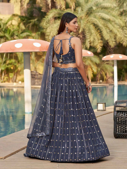 Grey Georgette Lehenga With Thread And Sequins With Mirror Paper Embroidery Work