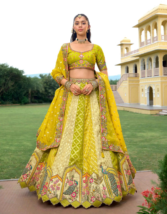 Olive yellow lehenga with embroidery and peacock work full view