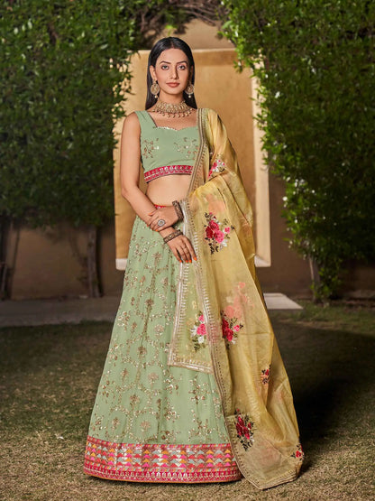 Pista Yellow Georgette Lehenga With Thread Zari Sequins Embroidery Work With Digital print