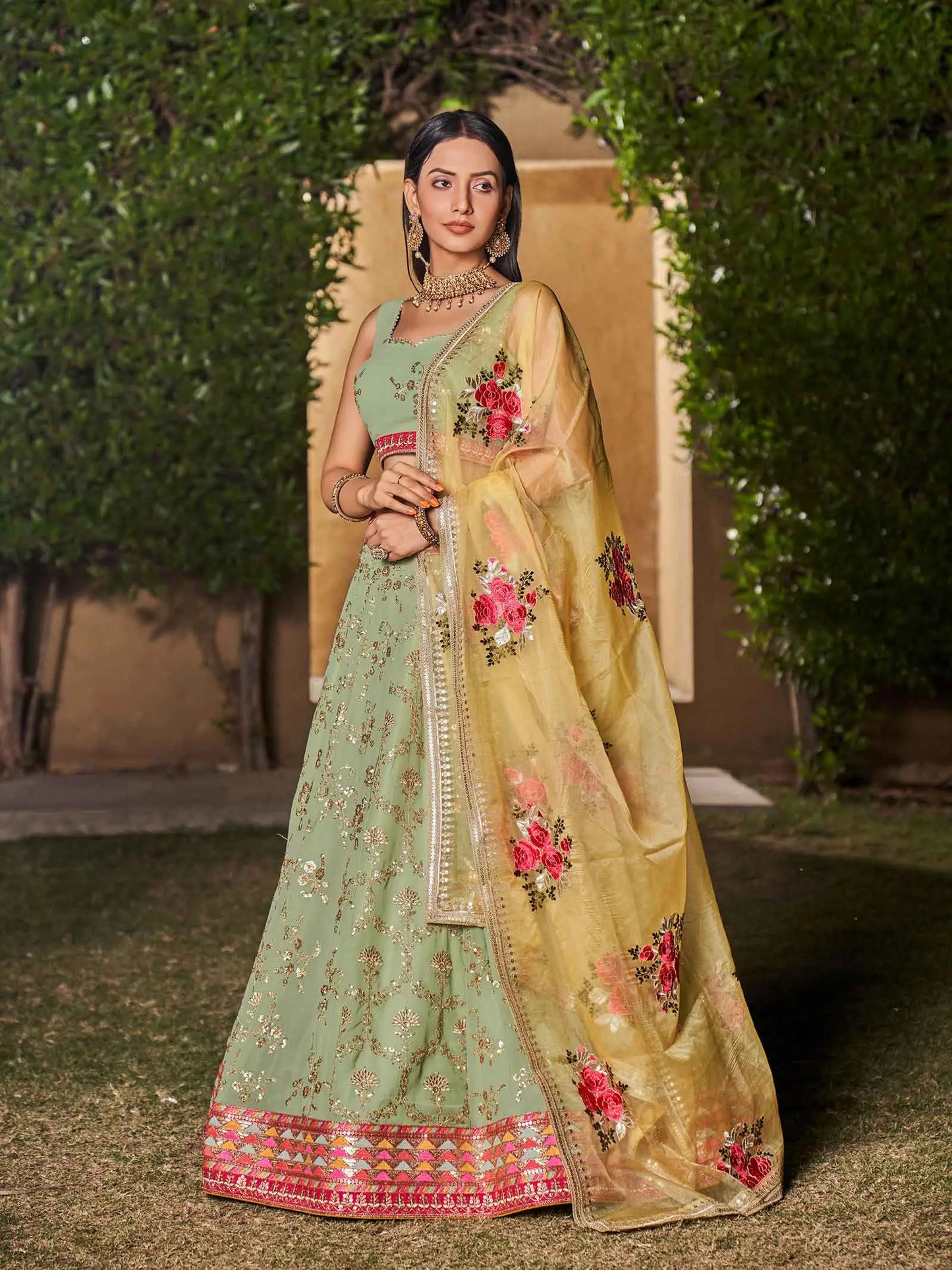 Pista Yellow Georgette Lehenga With Thread Zari Sequins Embroidery Work With Digital print