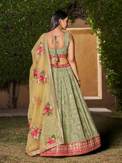 Pista Yellow Georgette Lehenga With Thread Zari Sequins Embroidery Work With Digital print