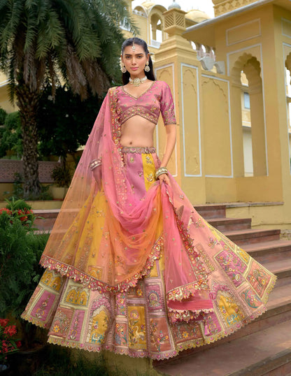 Pastel peach designer embroidery work lehenga full view with dupatta