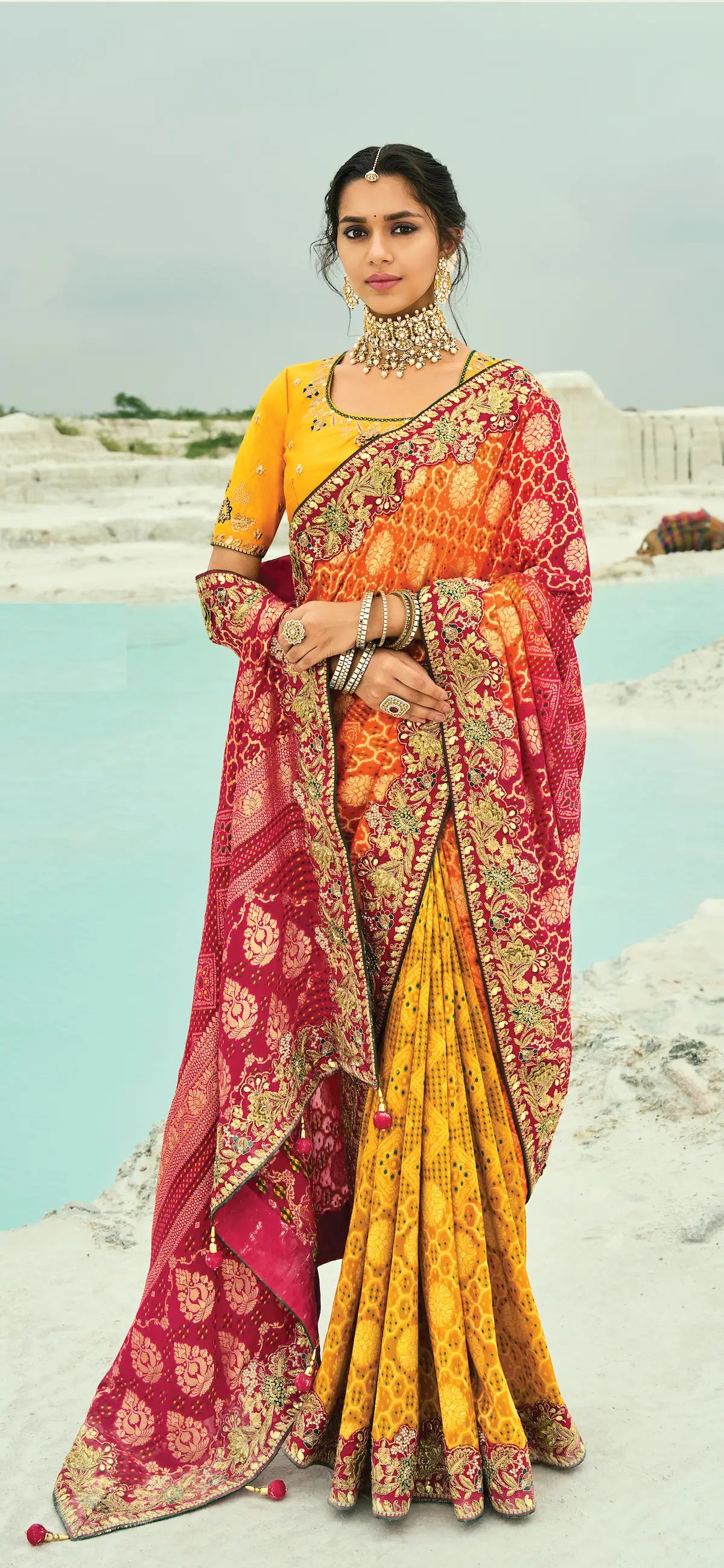 Red-Mustard-Orange Georgette Heavy Embroidered Bandhej Saree