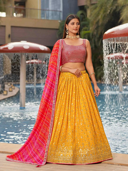 Yellow Pink Georgette Lehenga With Zari And Sequins Embroidery Work