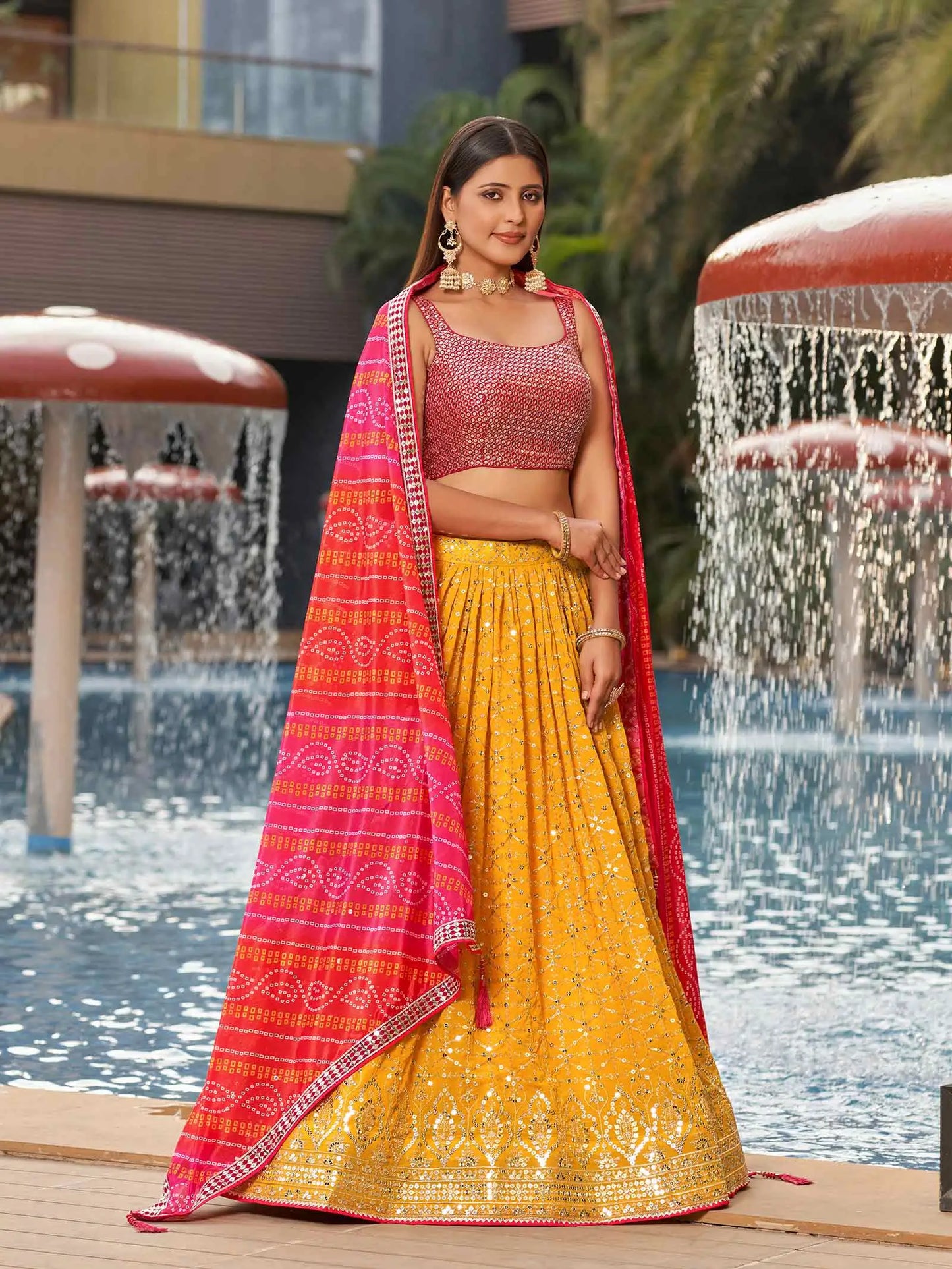 Yellow Pink Georgette Lehenga With Zari And Sequins Embroidery Work