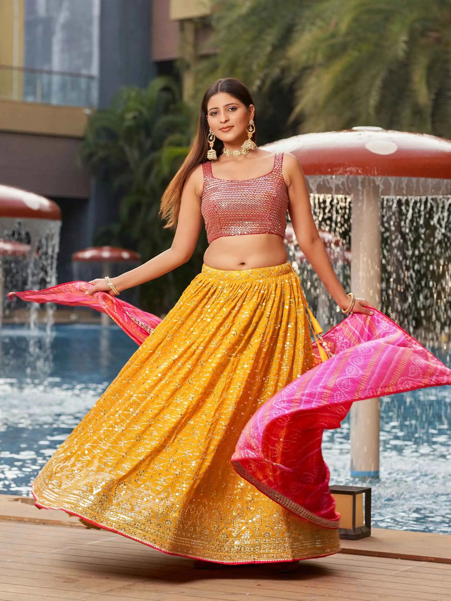 Yellow Pink Georgette Lehenga With Zari And Sequins Embroidery Work