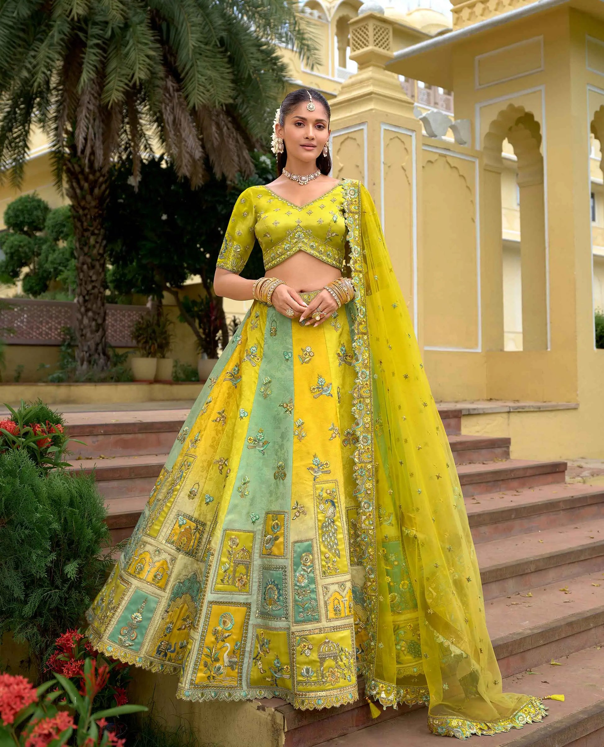 Pastel olive designer embroidery work lehenga full view with dupatta