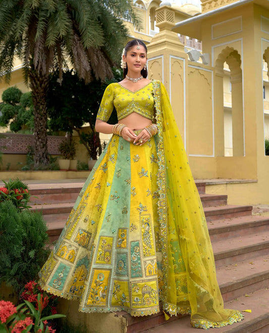 Pastel olive designer embroidery work lehenga full view with dupatta