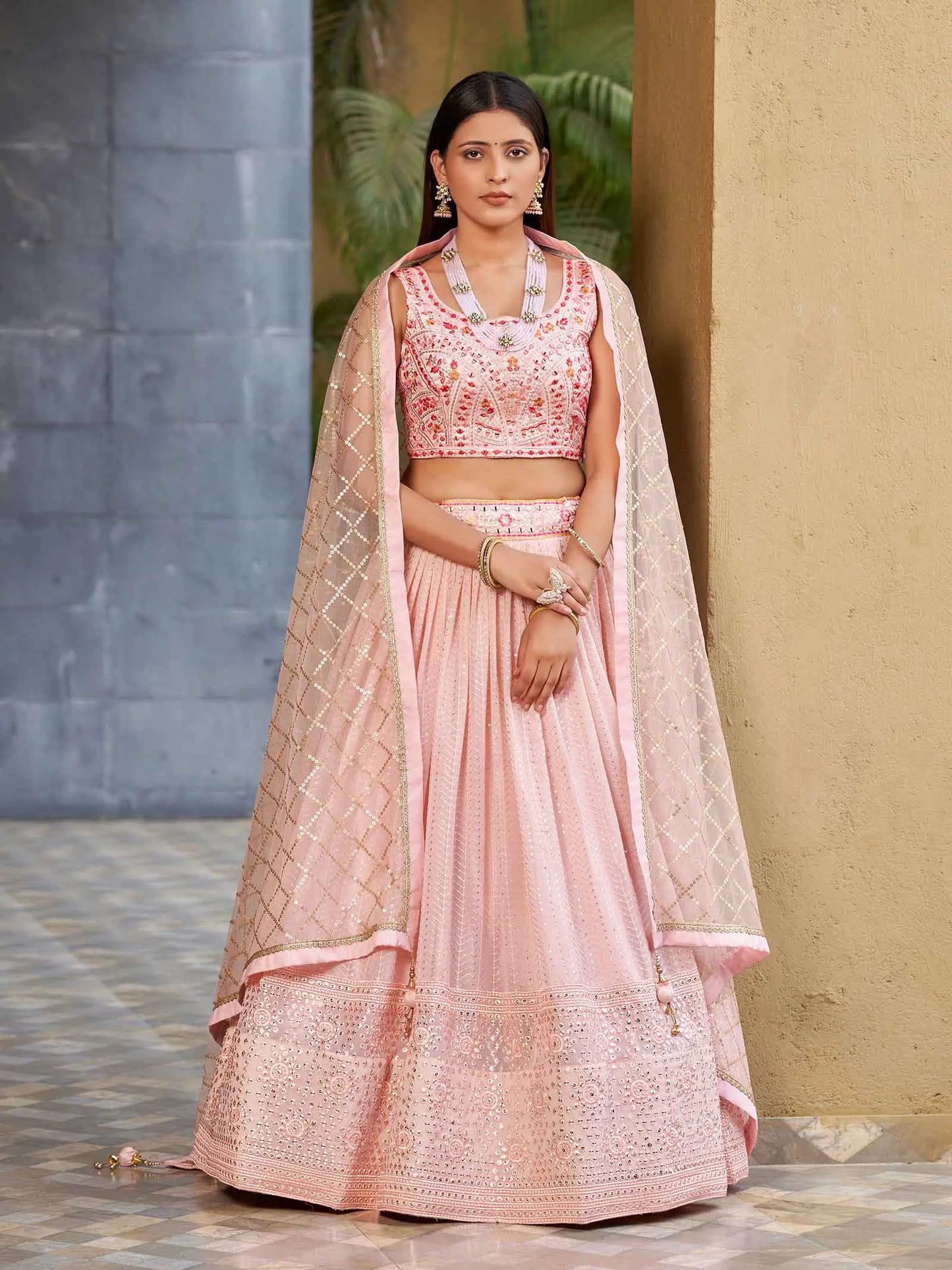 Light Pink Georgette Lehenga With Multi Color Thread And Sequins Zari Embroidery With Real  Mirror Work