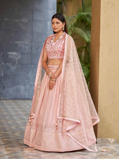 Light Pink Georgette Lehenga With Multi Color Thread And Sequins Zari Embroidery With Real  Mirror Work