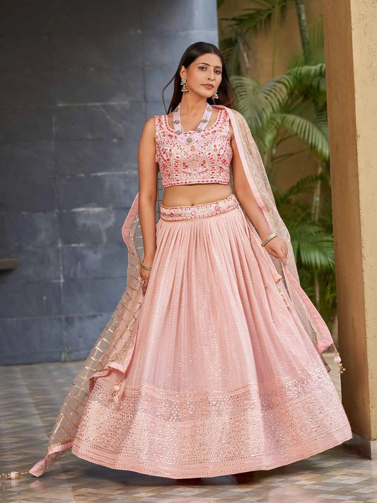 Light Pink Georgette Lehenga With Multi Color Thread And Sequins Zari Embroidery With Real  Mirror Work