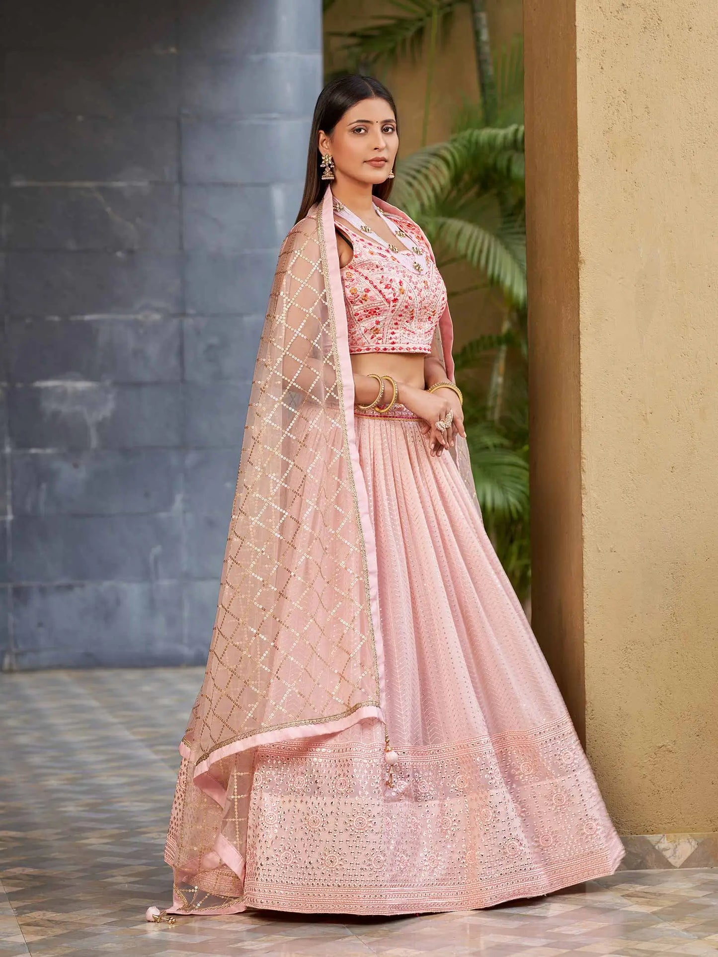 Light Pink Georgette Lehenga With Multi Color Thread And Sequins Zari Embroidery With Real  Mirror Work