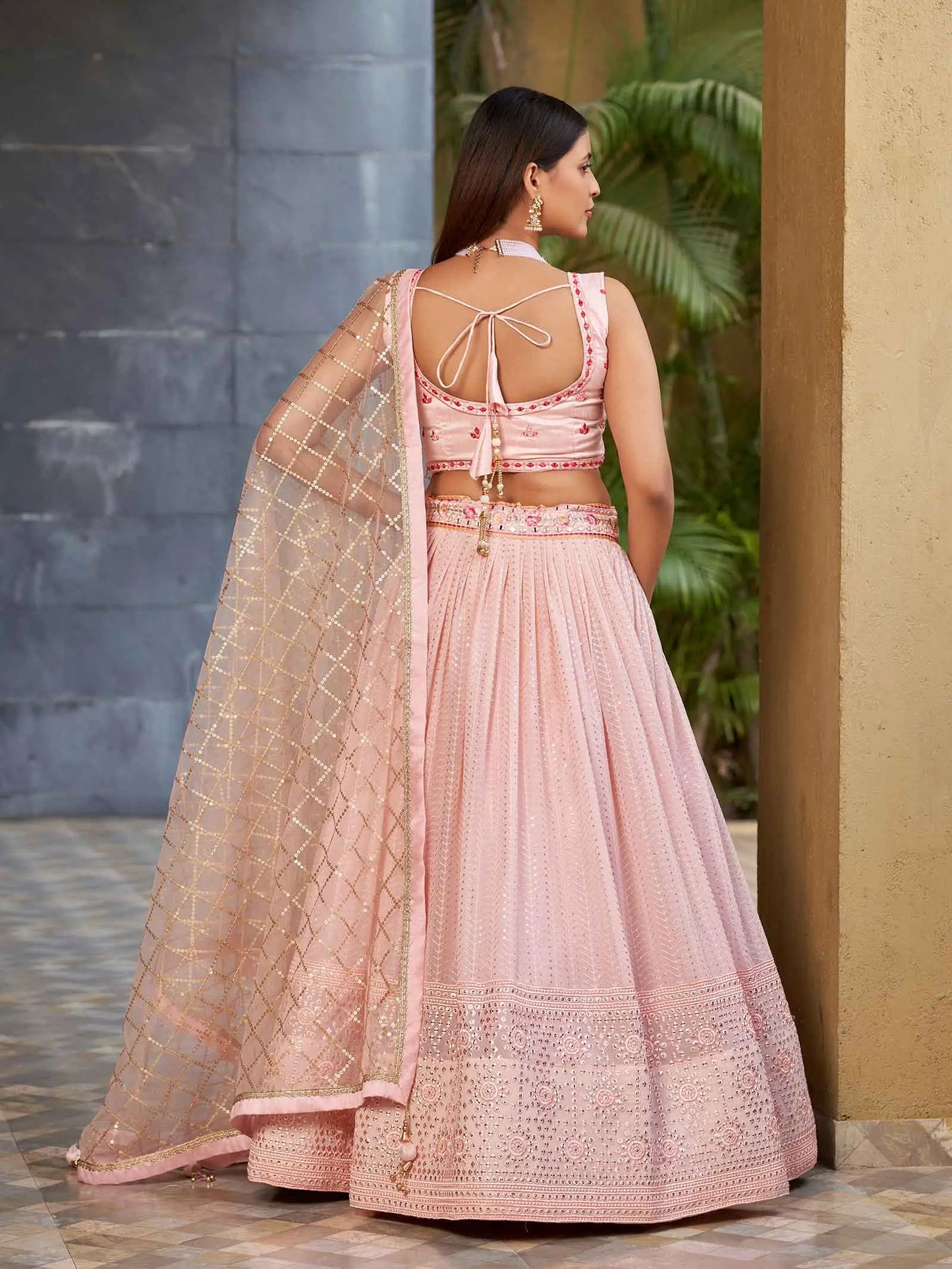 Light Pink Georgette Lehenga With Multi Color Thread And Sequins Zari Embroidery With Real  Mirror Work