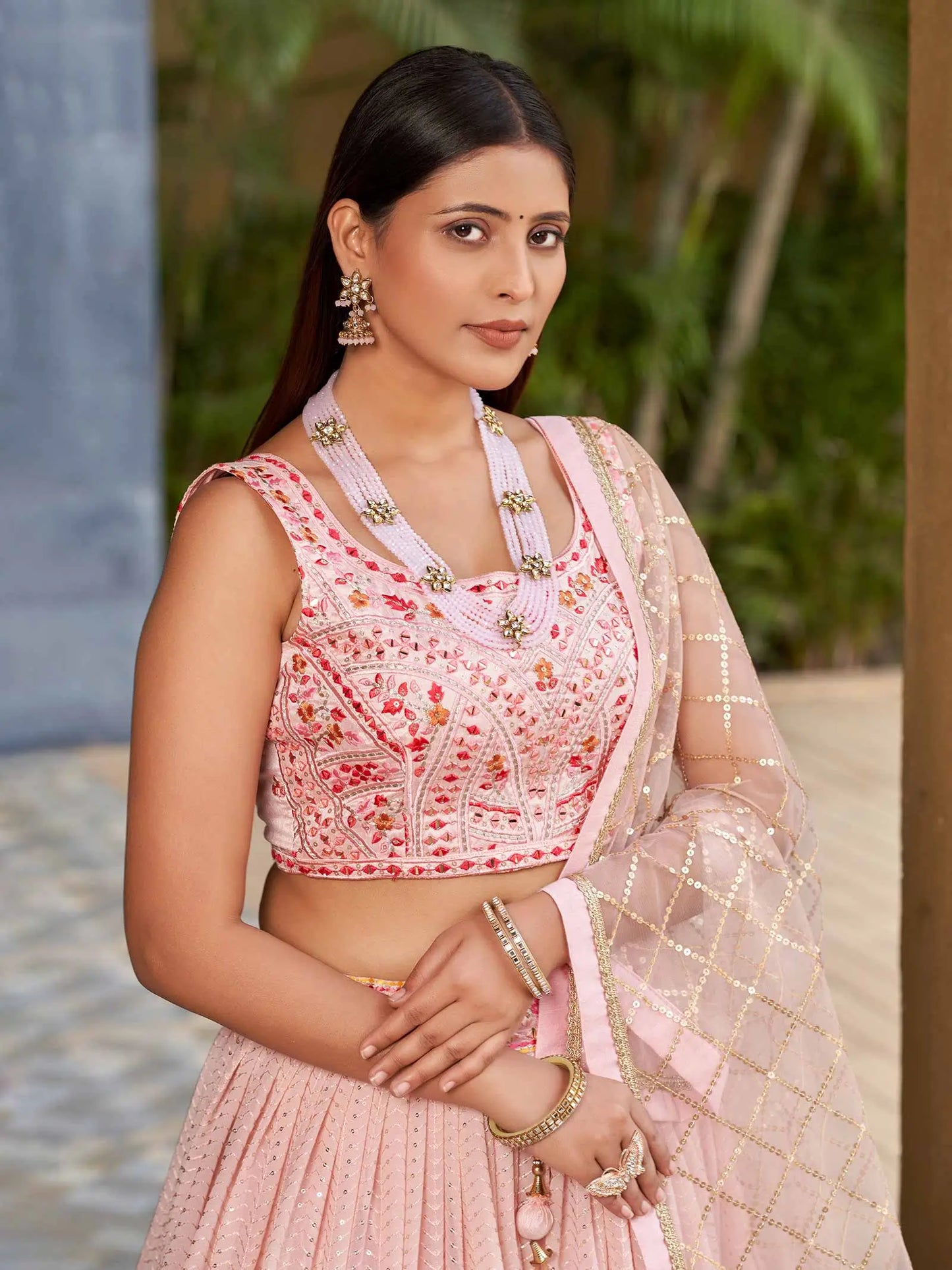 Light Pink Georgette Lehenga With Multi Color Thread And Sequins Zari Embroidery With Real  Mirror Work