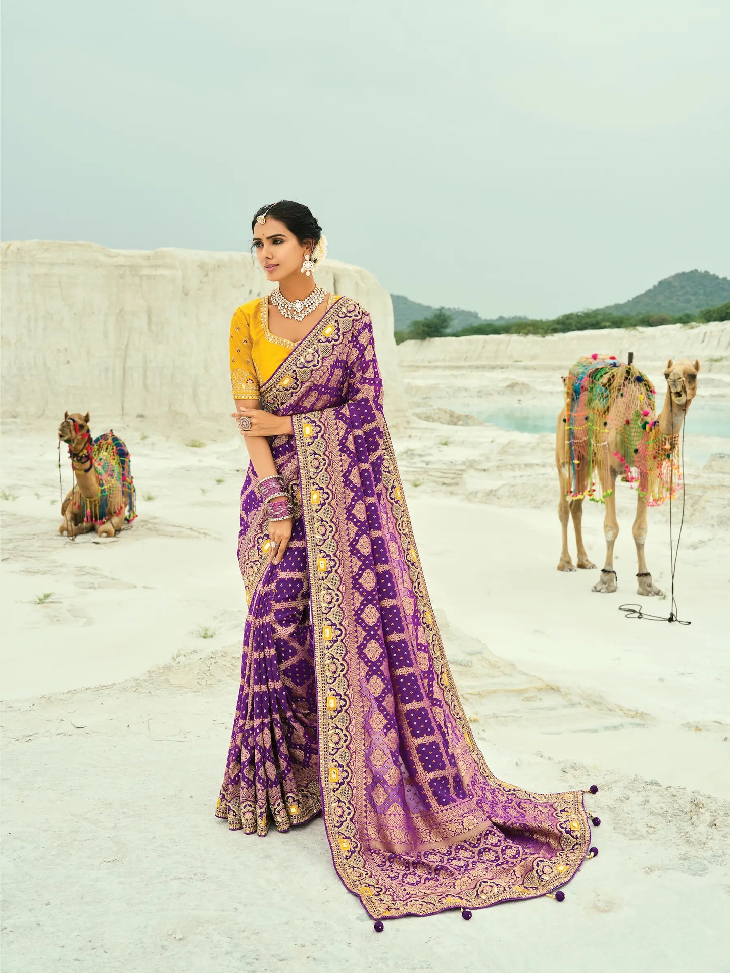 Wine Georgette Heavy Embroidered Bandhej Saree