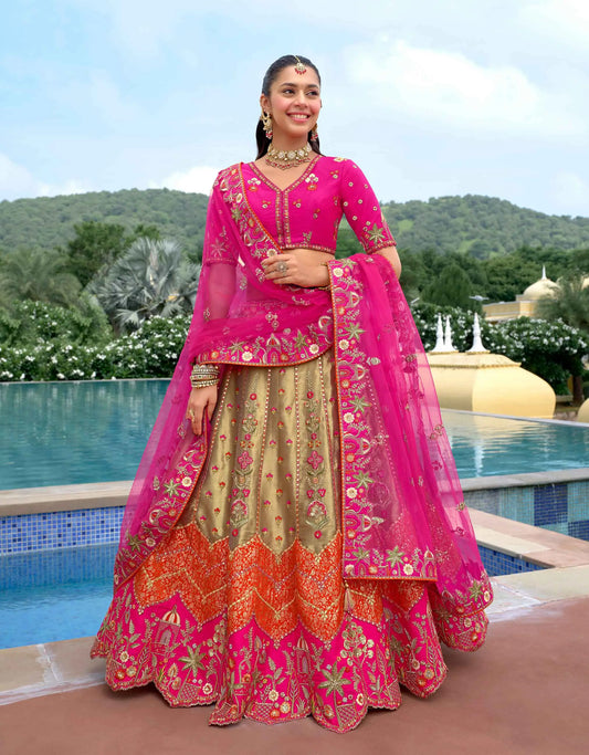 Designer dark pink embroidery work lehenga full view with dupatta