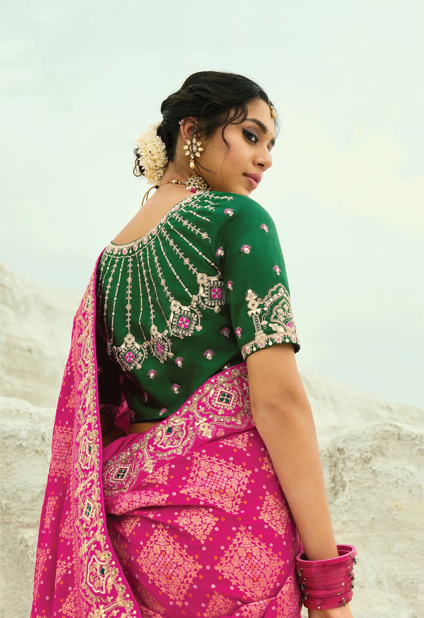 Dark Pink Georgette Heavy Embroidered Bandhej Saree