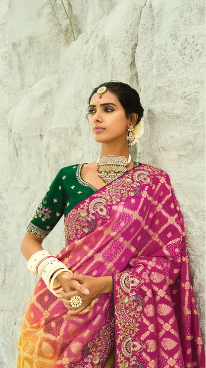 Pink-Yelllow Georgette Heavy Embroidered Bandhej Saree