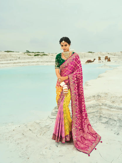 Pink-Yelllow Georgette Heavy Embroidered Bandhej Saree