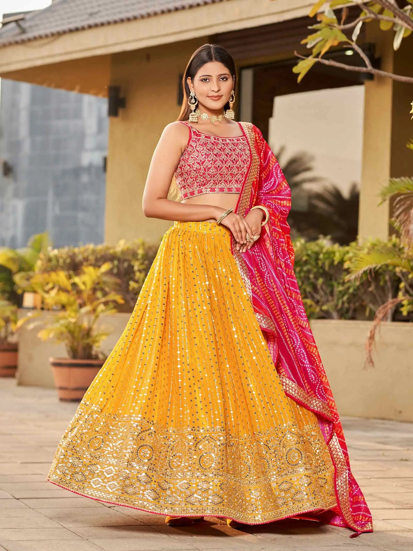 Yellow Pink Georgette Lehenga With Zari Dori And Sequins Embroidery With Real Mirror Work