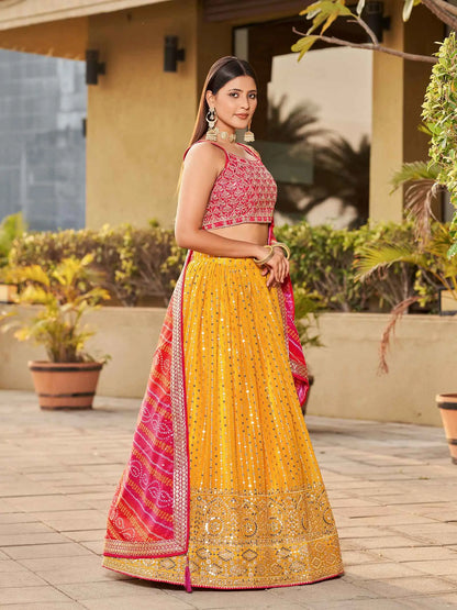 Yellow Pink Georgette Lehenga With Zari Dori And Sequins Embroidery With Real Mirror Work