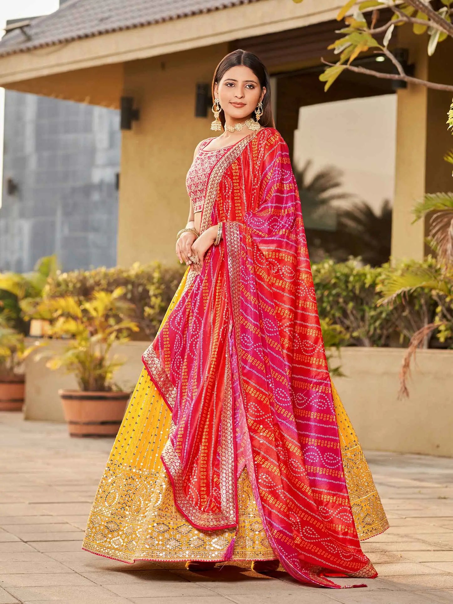 Yellow Pink Georgette Lehenga With Zari Dori And Sequins Embroidery With Real Mirror Work