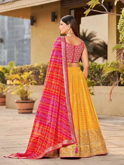 Yellow Pink Georgette Lehenga With Zari Dori And Sequins Embroidery With Real Mirror Work