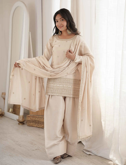 Beige Embroidered Silk Salwar Suit