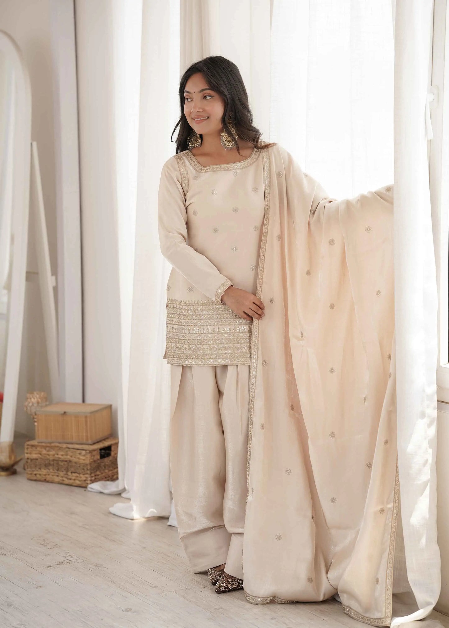 Beige Embroidered Silk Salwar Suit
