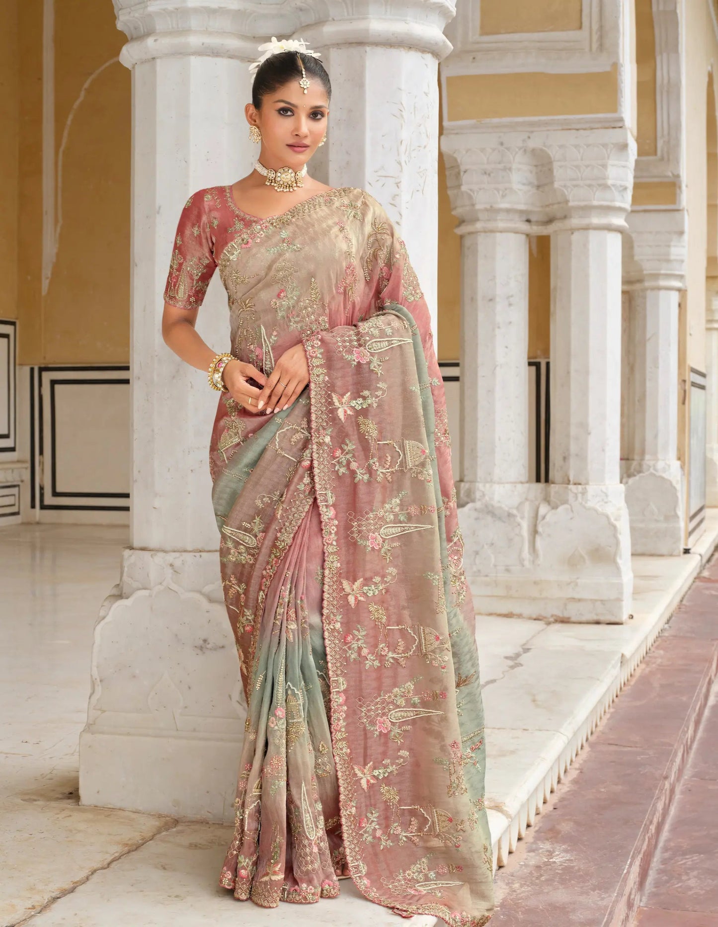 Pink-Beige Heavy Embroidery Zari Silk Saree