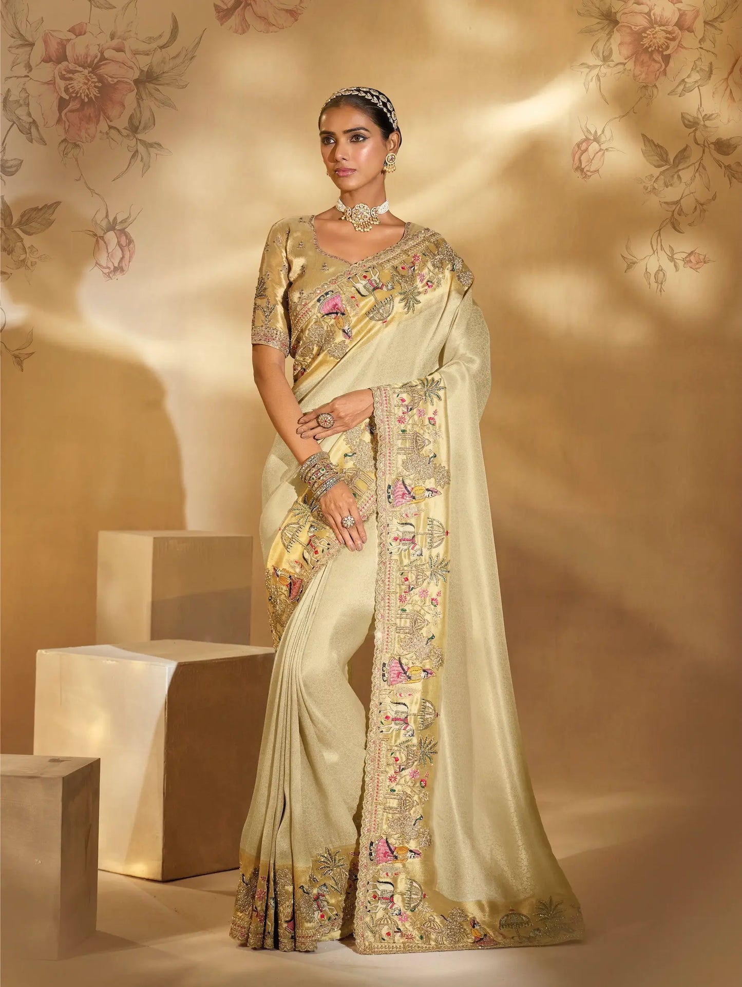 Beige Silk Heavy Embroidery & Hand Work Saree