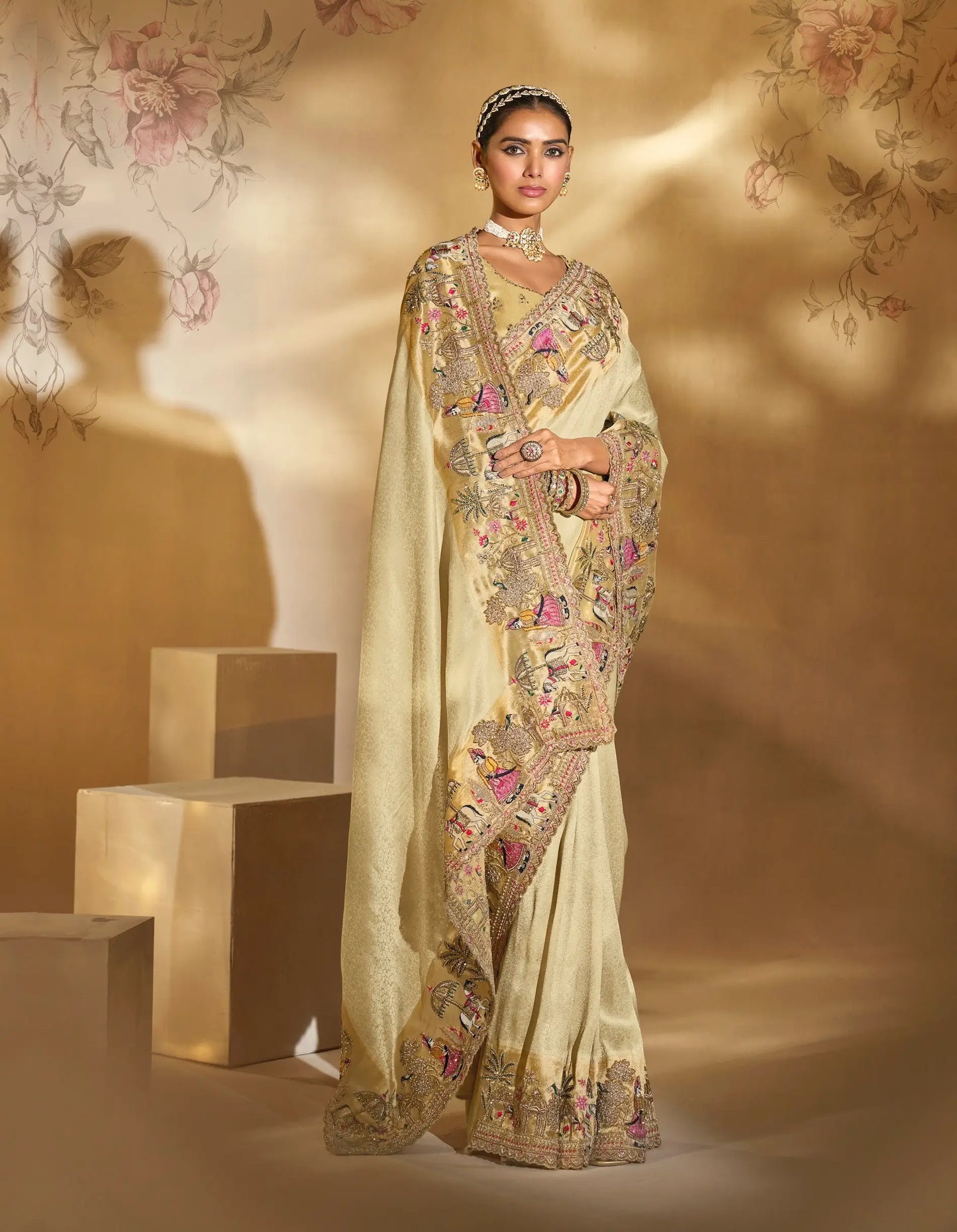 Beige Silk Heavy Embroidery & Hand Work Saree