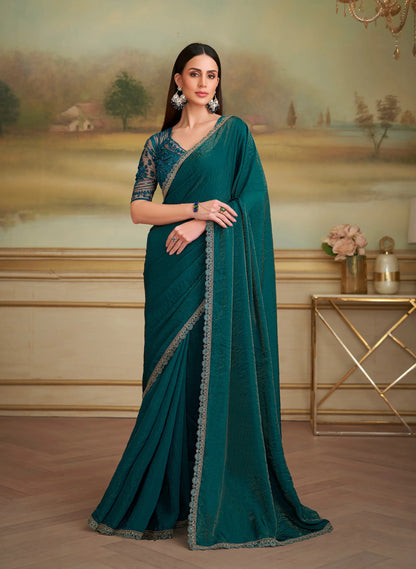 Bottle Green Twilight Georgette Embroidery Saree