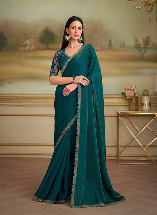 Bottle Green Twilight Georgette Embroidery Saree