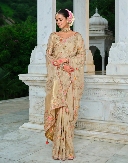 Golden Beige Heavy Embroidery Zari Silk Saree