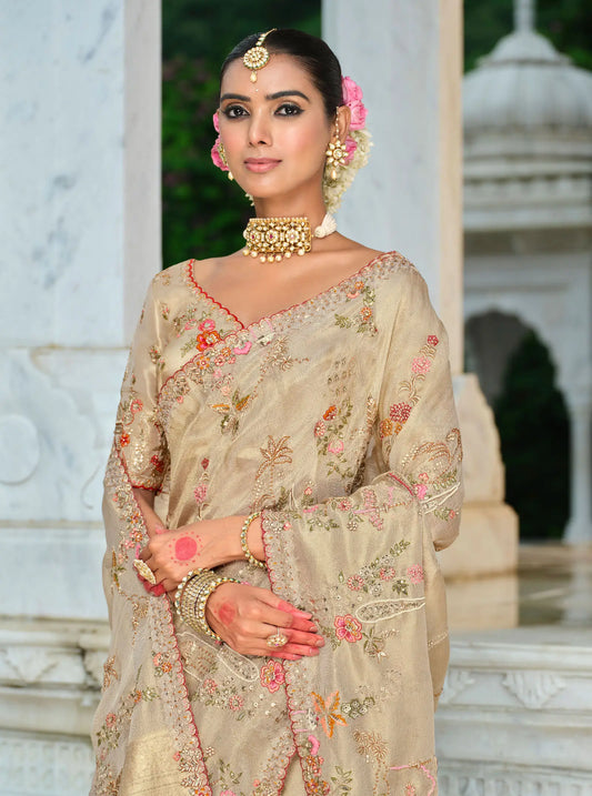 Golden Beige Heavy Embroidery Zari Silk Saree