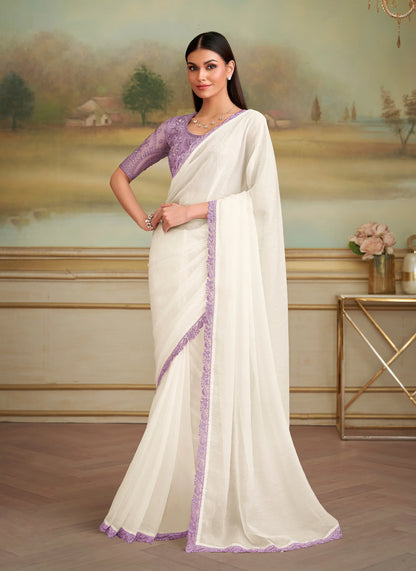 Pearl White Sparkle Georgette Embroidery Saree