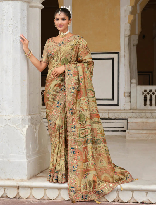 Antique Beige Heavy Embroidery Zari Silk Saree