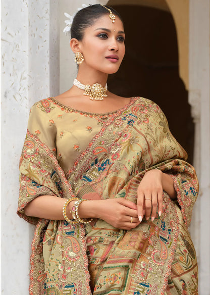 Antique Beige Heavy Embroidery Zari Silk Saree