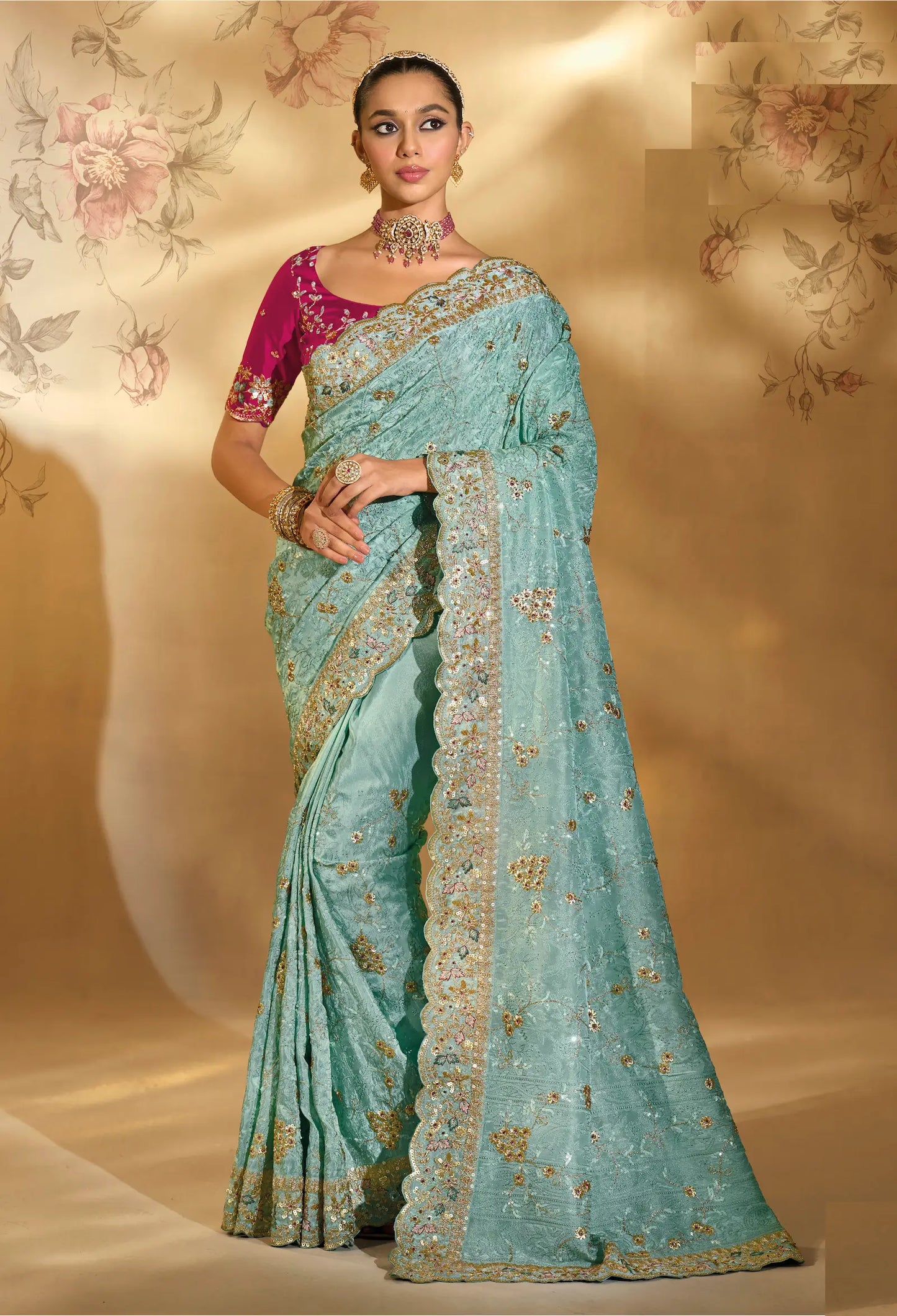 Sea Blue Silk Heavy Embroidery & Hand Work Saree
