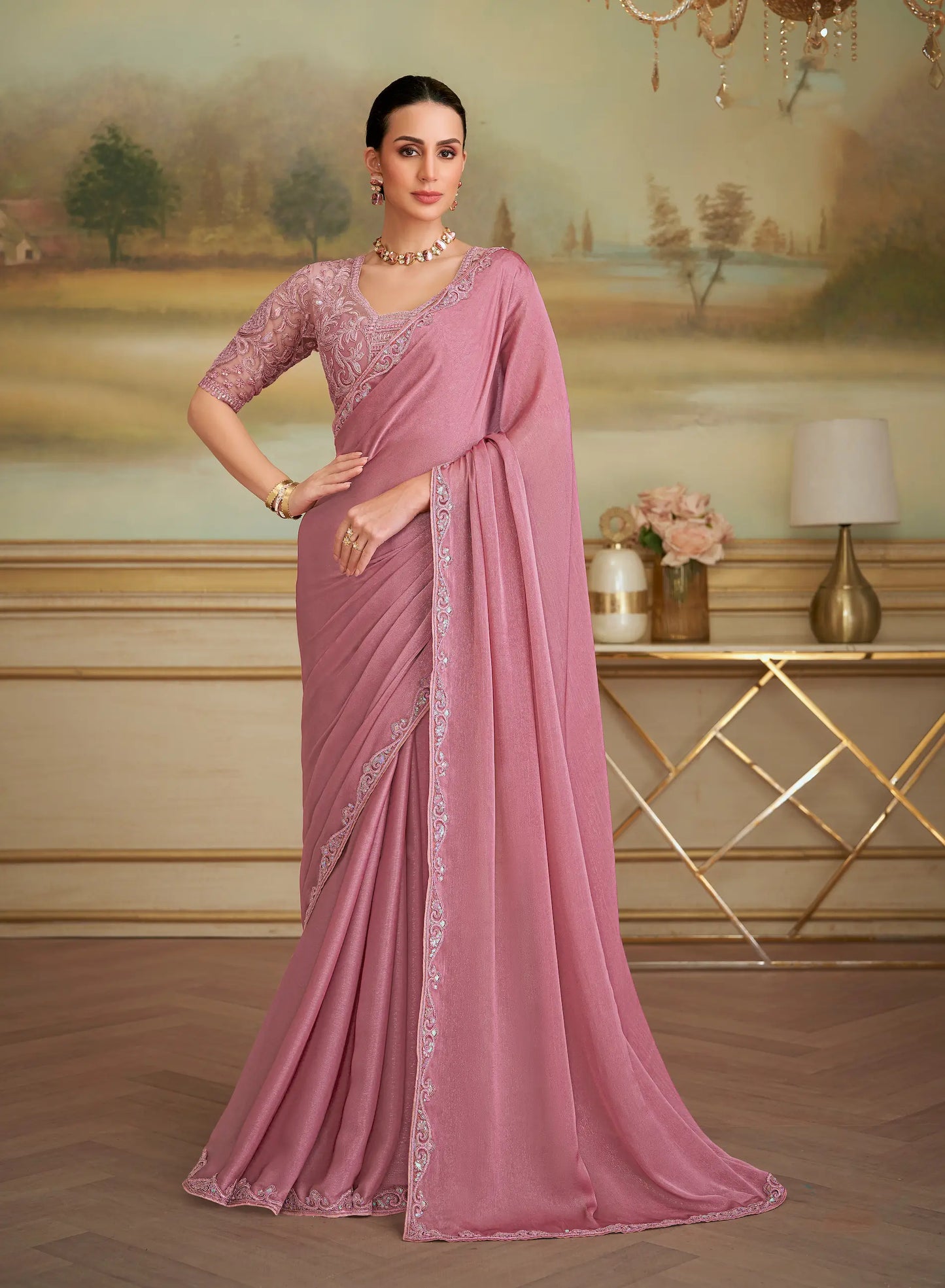 Onion Pink Sparkle Georgette Embroidery Saree