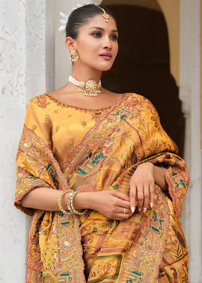 Mustard Yellow Heavy Embroidery Zari Silk Saree