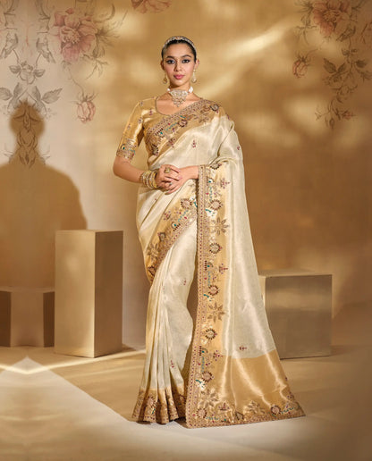 Almond Beige Silk Heavy Embroidery & Hand Work Saree