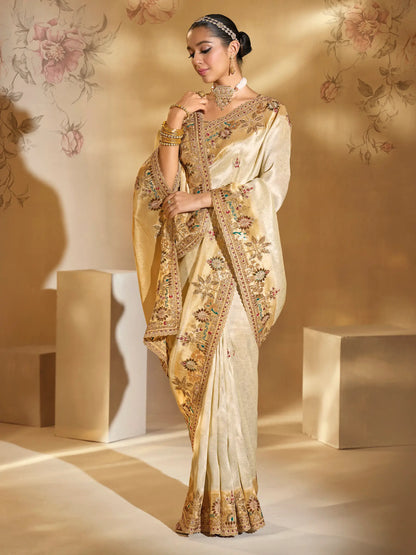 Almond Beige Silk Heavy Embroidery & Hand Work Saree