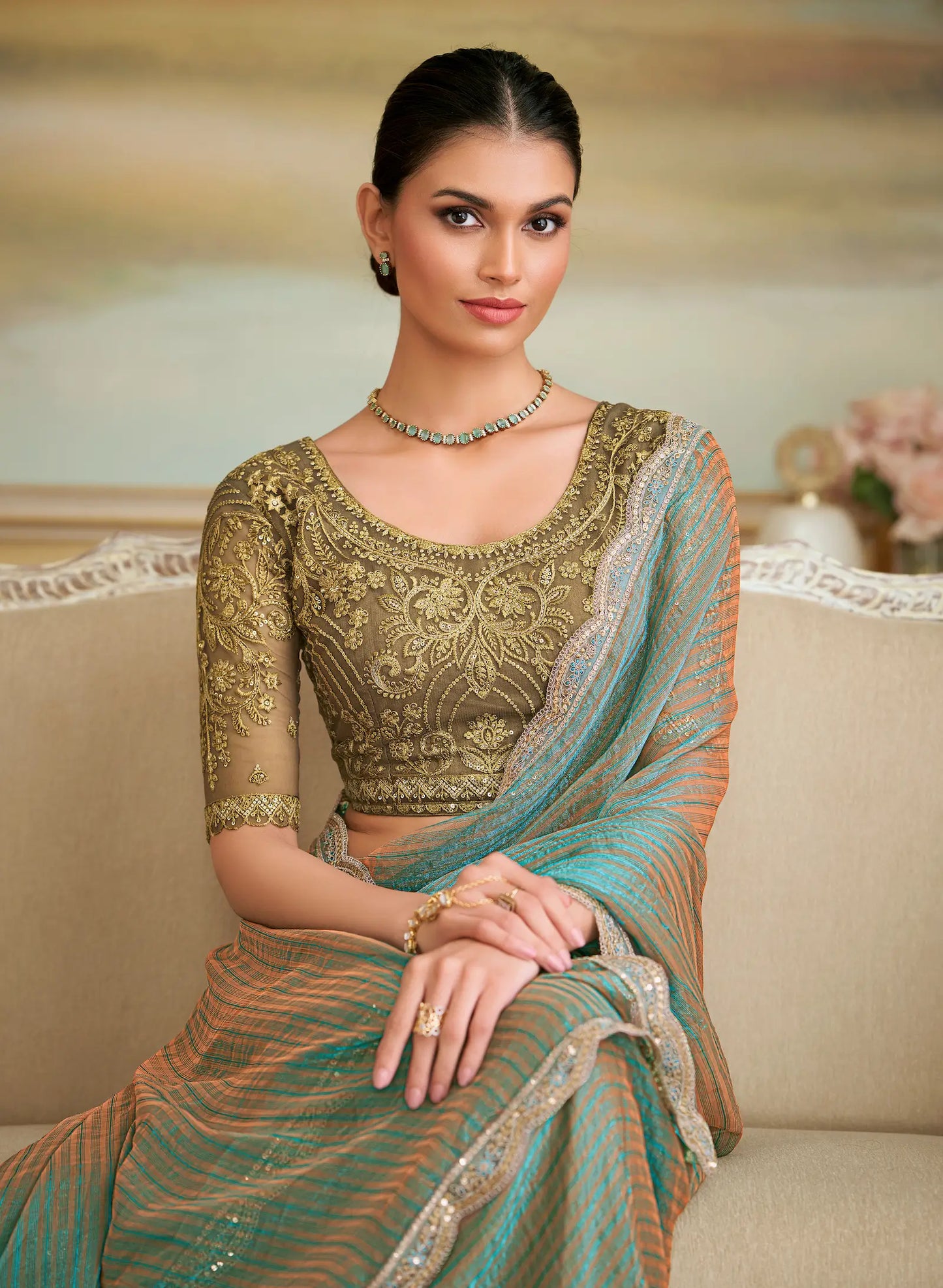 Golden Teal Pattern Georgette Embroidery Saree
