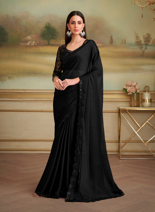 Jet Black Satin Chiffon Embroidery Saree