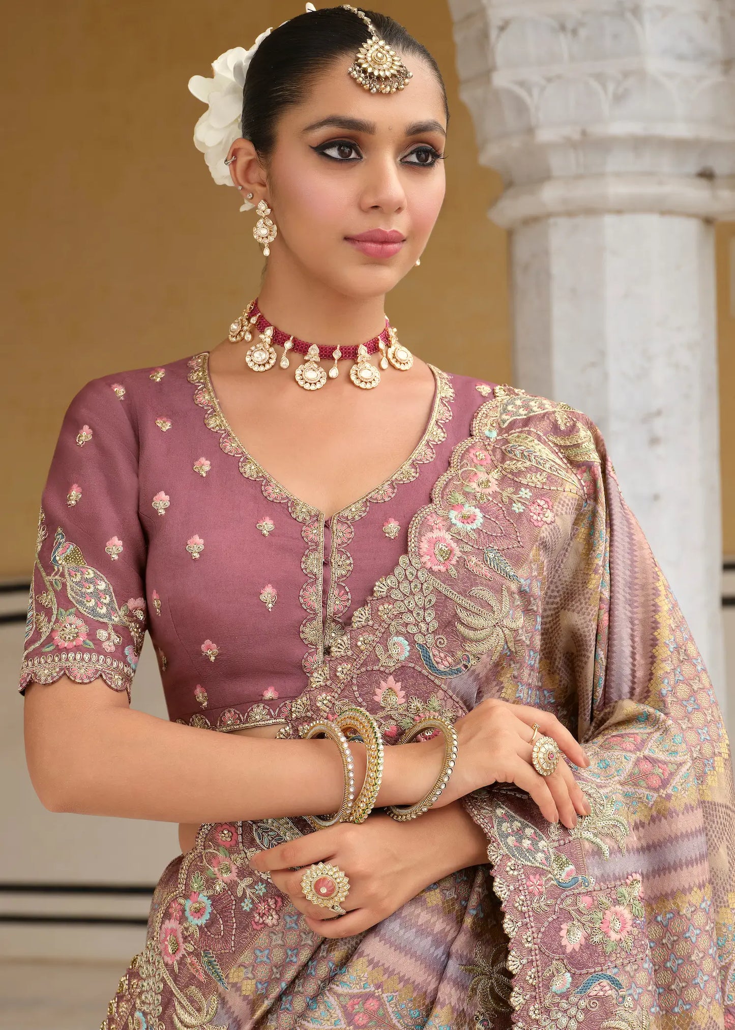 Dark Mauve Heavy Embroidery Zari Silk Saree