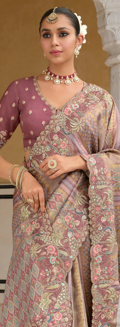 Dark Mauve Heavy Embroidery Zari Silk Saree